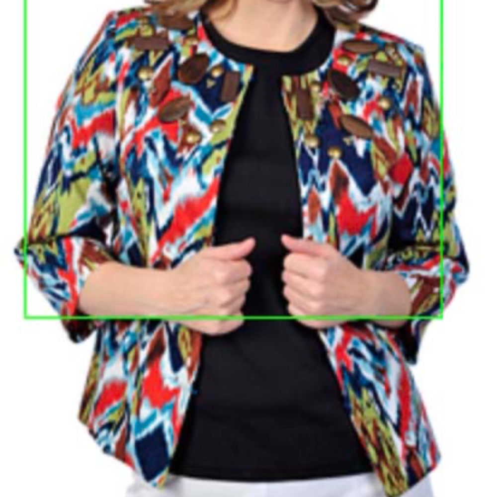 JACKET, MULTICOLOUR (Red, Navy, Yellow, etc.), SIZE 28W, WOOD & METAL EMBELLISH